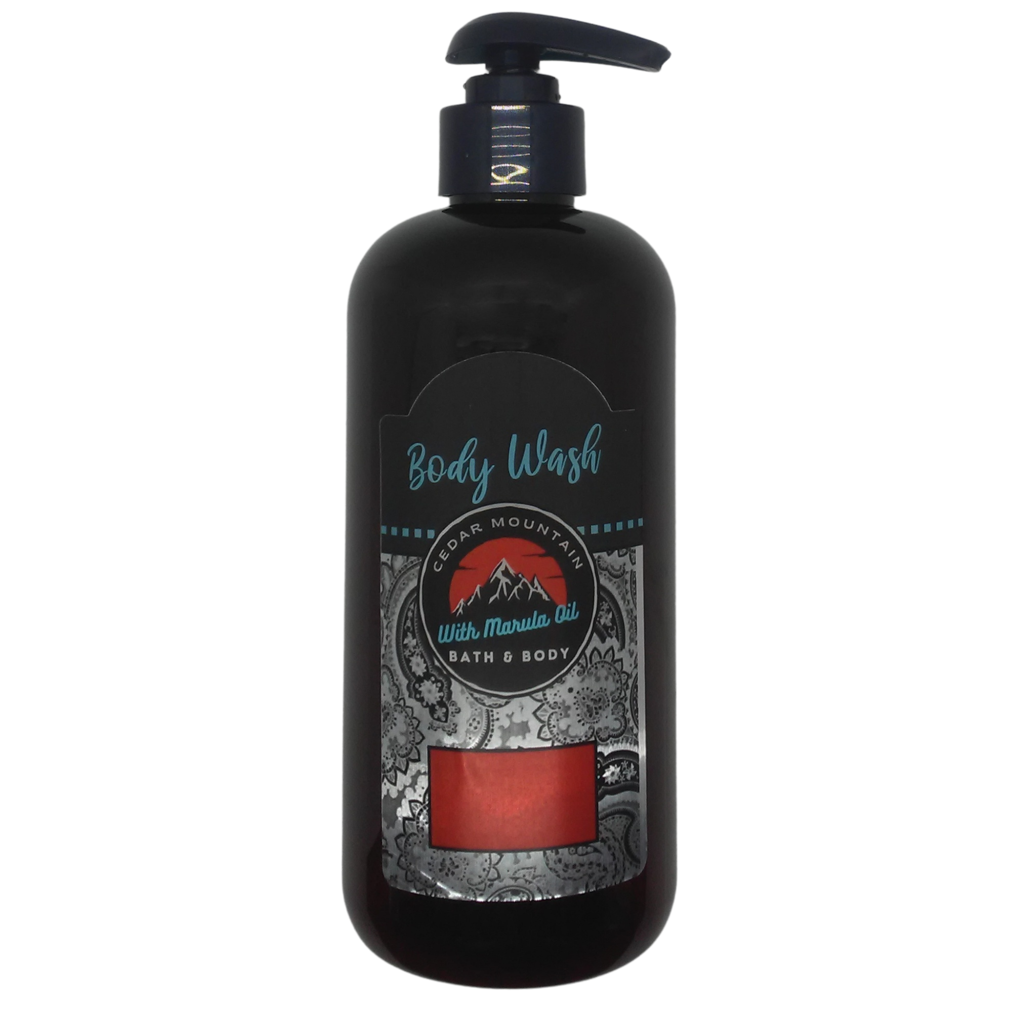Cedar Mountain CranMango Scented Body Wash with Marula Oil in a 12 Oz bottle, featuring a vibrant tropical design.